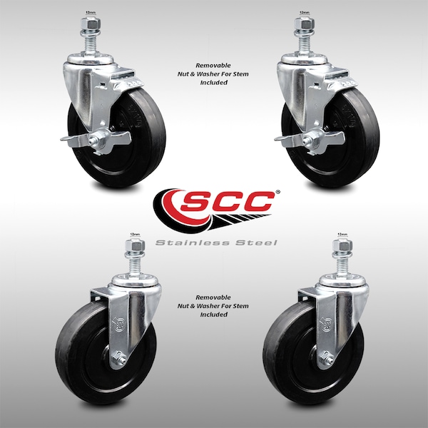 Service Caster 5 Inch SS Soft Rubber Wheel Swivel 12mm Threaded Stem Caster Brake SCC, 2PK SCC-SSTS20S514-SRS-M1215-2-TLB-2 - main